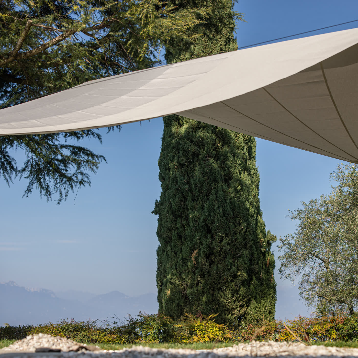 Vela tesa sopra il giardino, vista dal basso